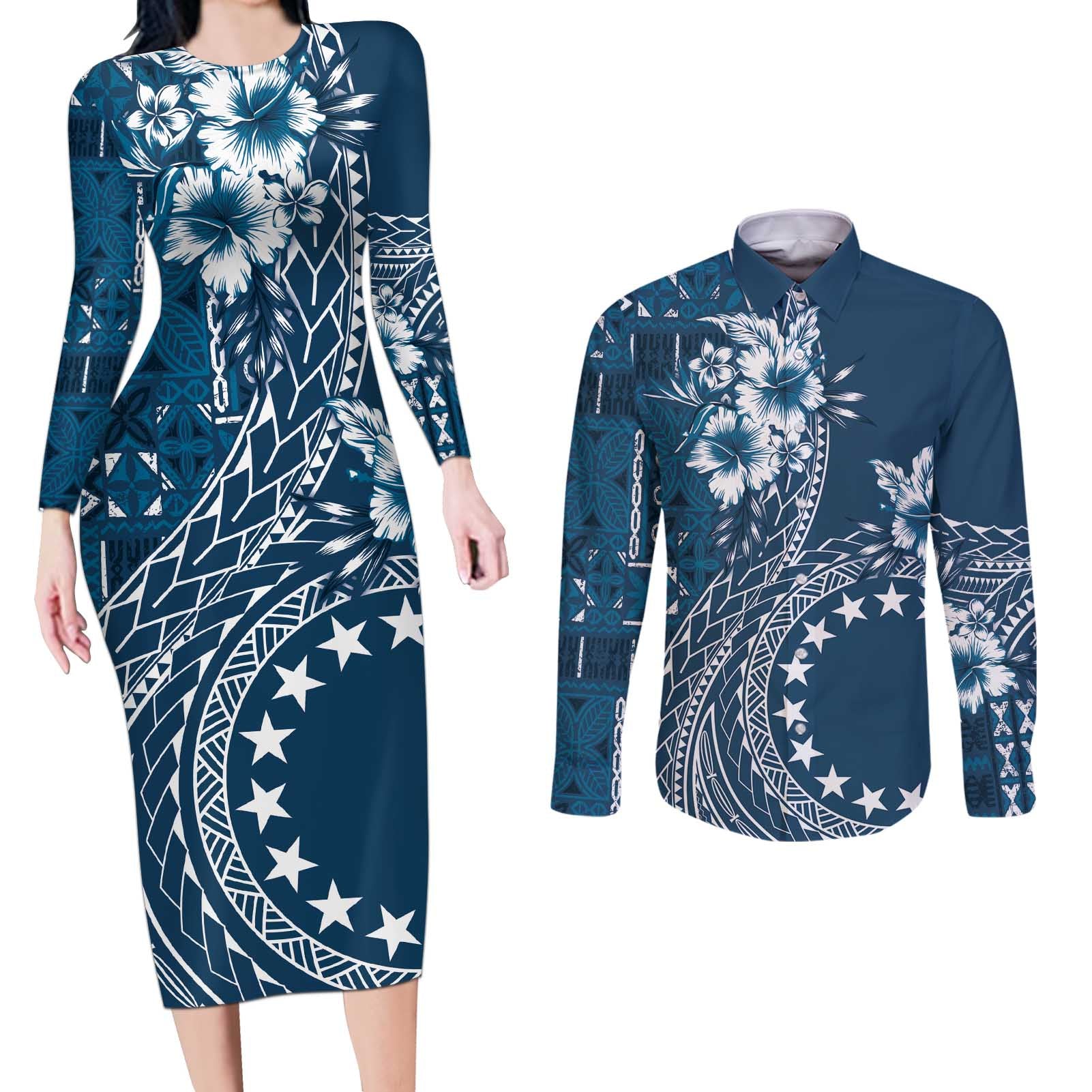 Kia Orana Cook Islands Couples Matching Long Sleeve Bodycon Dress and Long Sleeve Button Shirt Tiare and Stars - Navy Blue