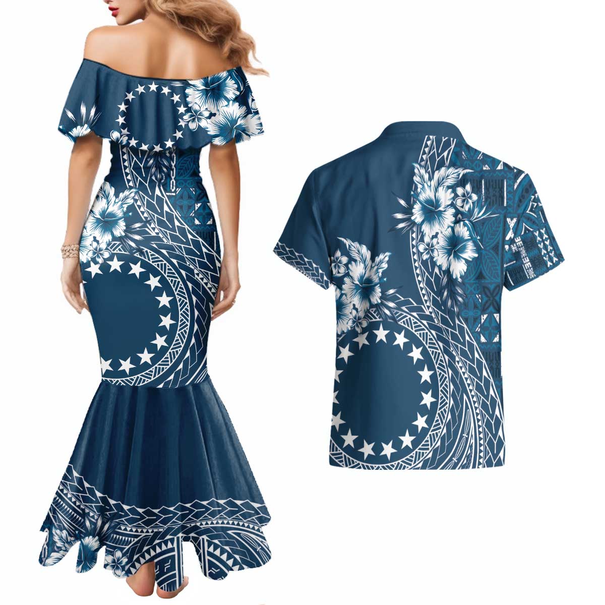 Kia Orana Cook Islands Couples Matching Mermaid Dress and Hawaiian Shirt Tiare and Stars - Navy Blue LT7 - Polynesian Pride