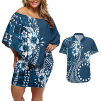 Kia Orana Cook Islands Couples Matching Off Shoulder Short Dress and Hawaiian Shirt Tiare and Stars - Navy Blue