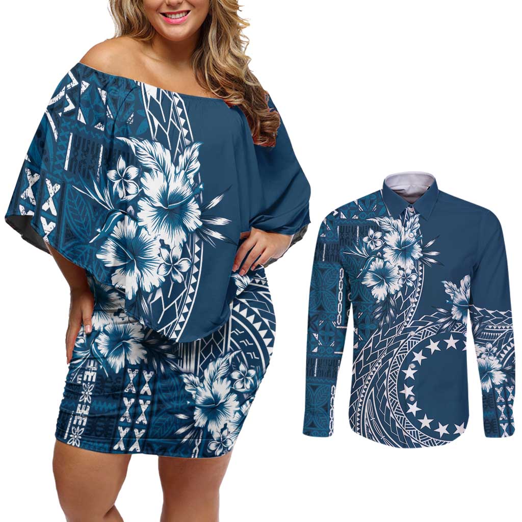 Kia Orana Cook Islands Couples Matching Off Shoulder Short Dress and Long Sleeve Button Shirt Tiare and Stars - Navy Blue