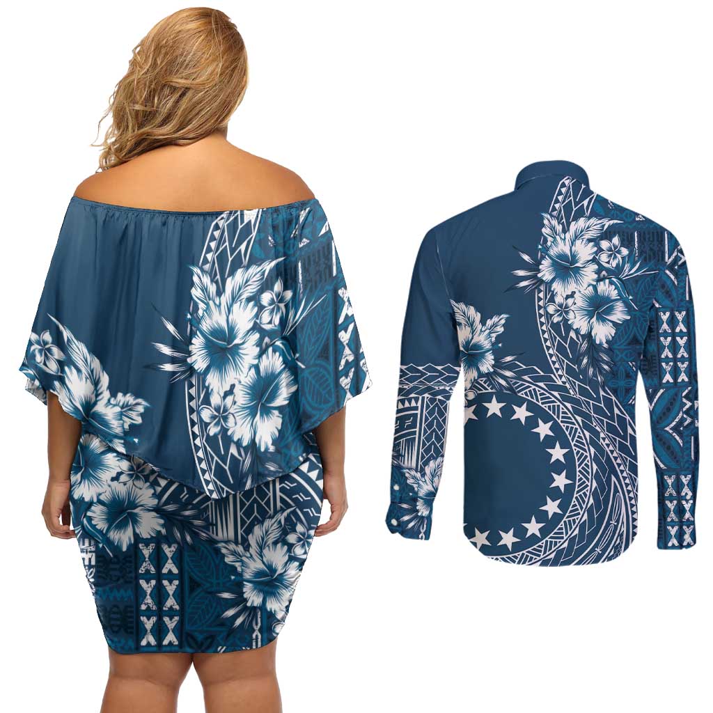 Kia Orana Cook Islands Couples Matching Off Shoulder Short Dress and Long Sleeve Button Shirt Tiare and Stars - Navy Blue