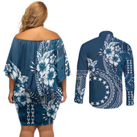 Kia Orana Cook Islands Couples Matching Off Shoulder Short Dress and Long Sleeve Button Shirt Tiare and Stars - Navy Blue