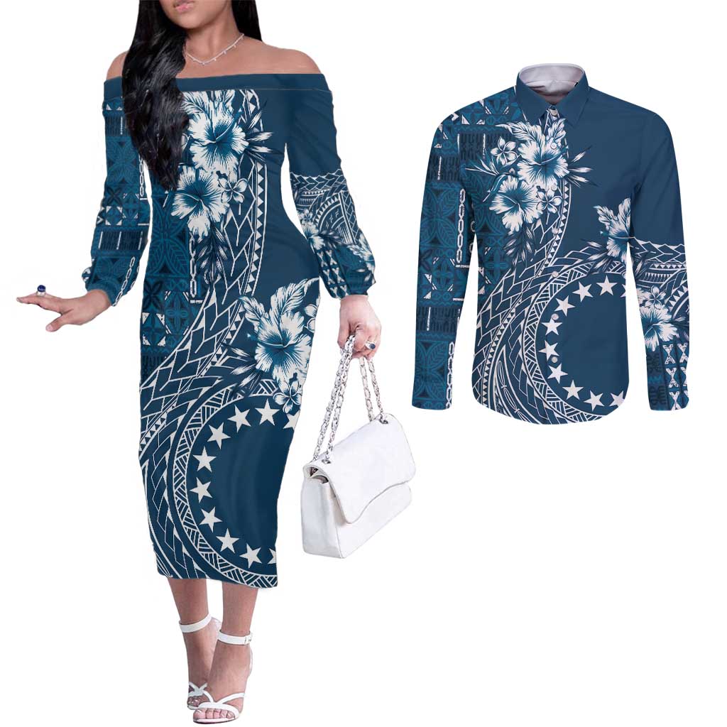 Kia Orana Cook Islands Couples Matching Off The Shoulder Long Sleeve Dress and Long Sleeve Button Shirt Tiare and Stars - Navy Blue