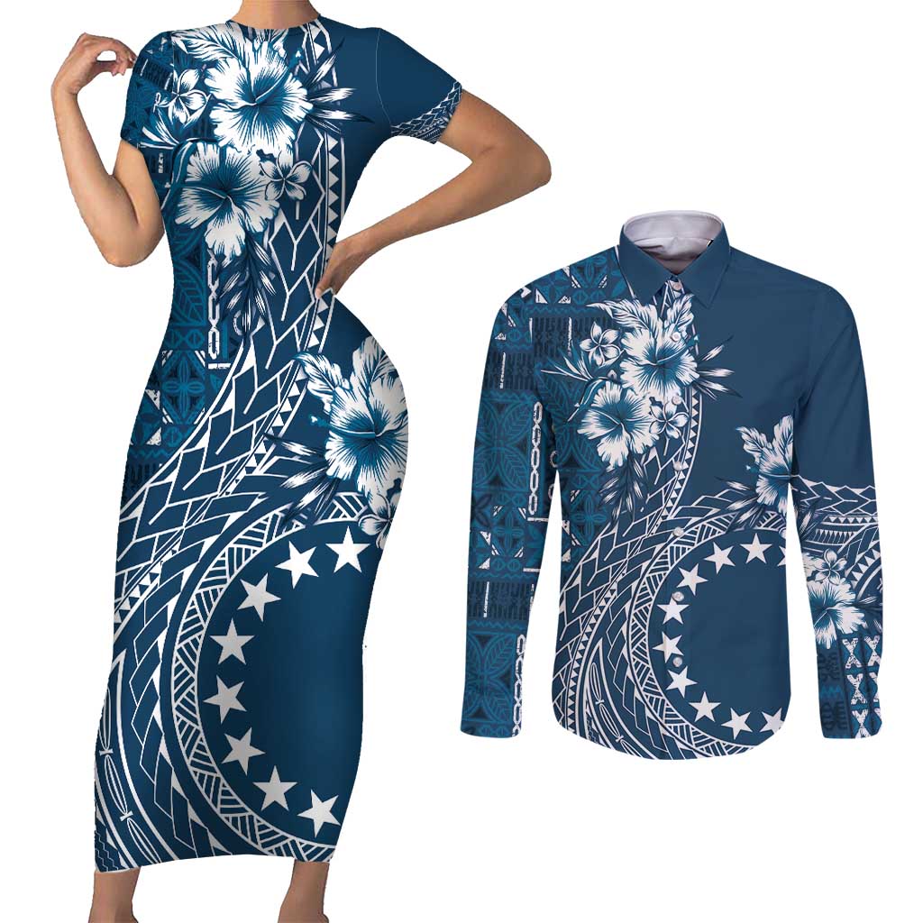 Kia Orana Cook Islands Couples Matching Short Sleeve Bodycon Dress and Long Sleeve Button Shirt Tiare and Stars - Navy Blue
