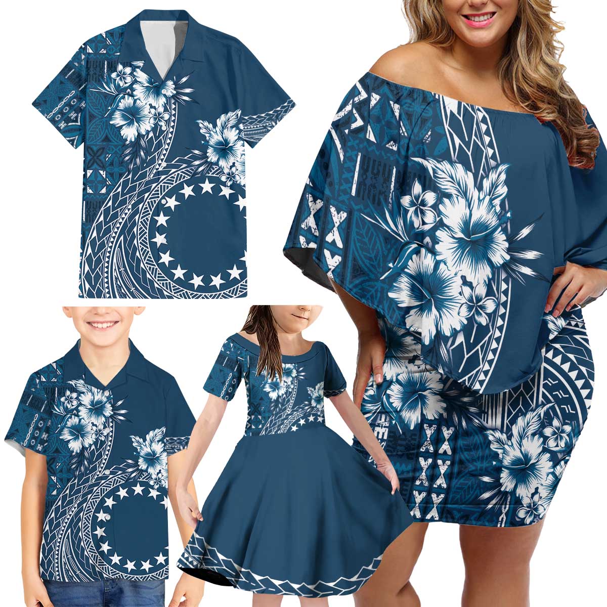 Kia Orana Cook Islands Family Matching Off Shoulder Short Dress and Hawaiian Shirt Tiare and Stars - Navy Blue