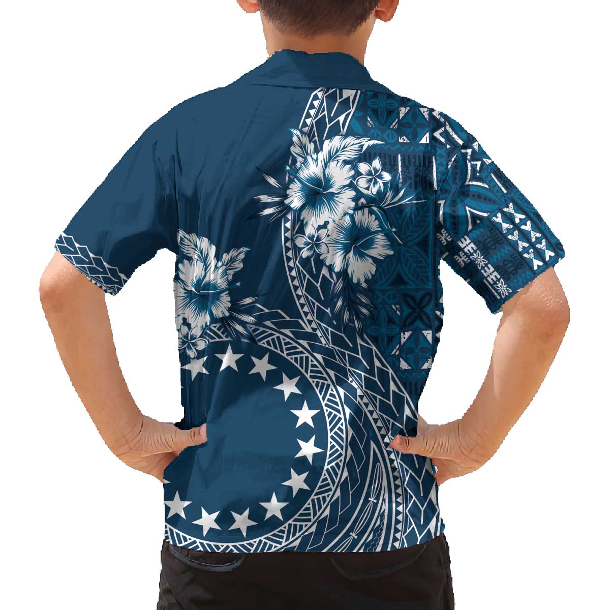 Kia Orana Cook Islands Family Matching Puletasi and Hawaiian Shirt Tiare and Stars - Navy Blue LT7 - Polynesian Pride