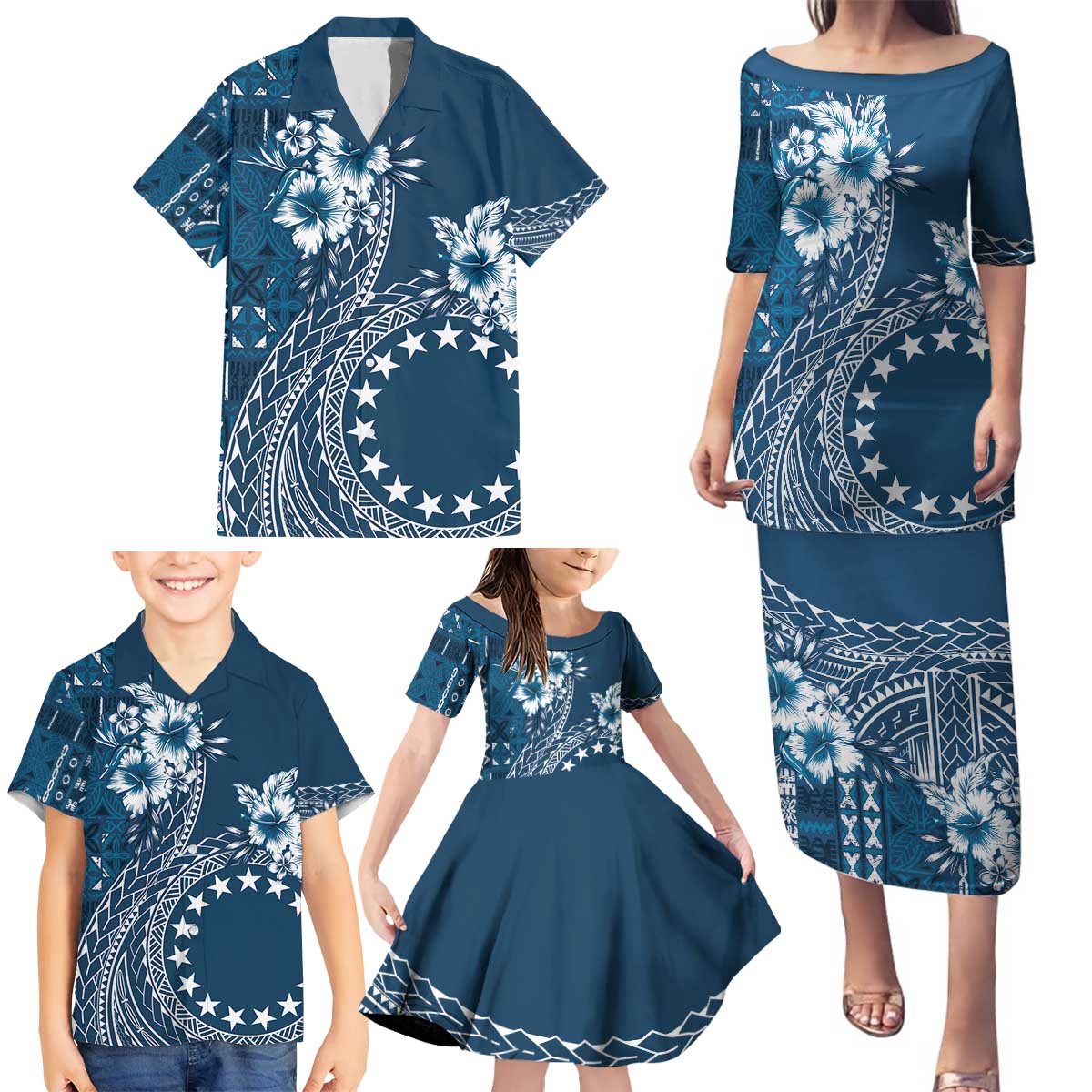 Kia Orana Cook Islands Family Matching Puletasi and Hawaiian Shirt Tiare and Stars - Navy Blue LT7 - Polynesian Pride