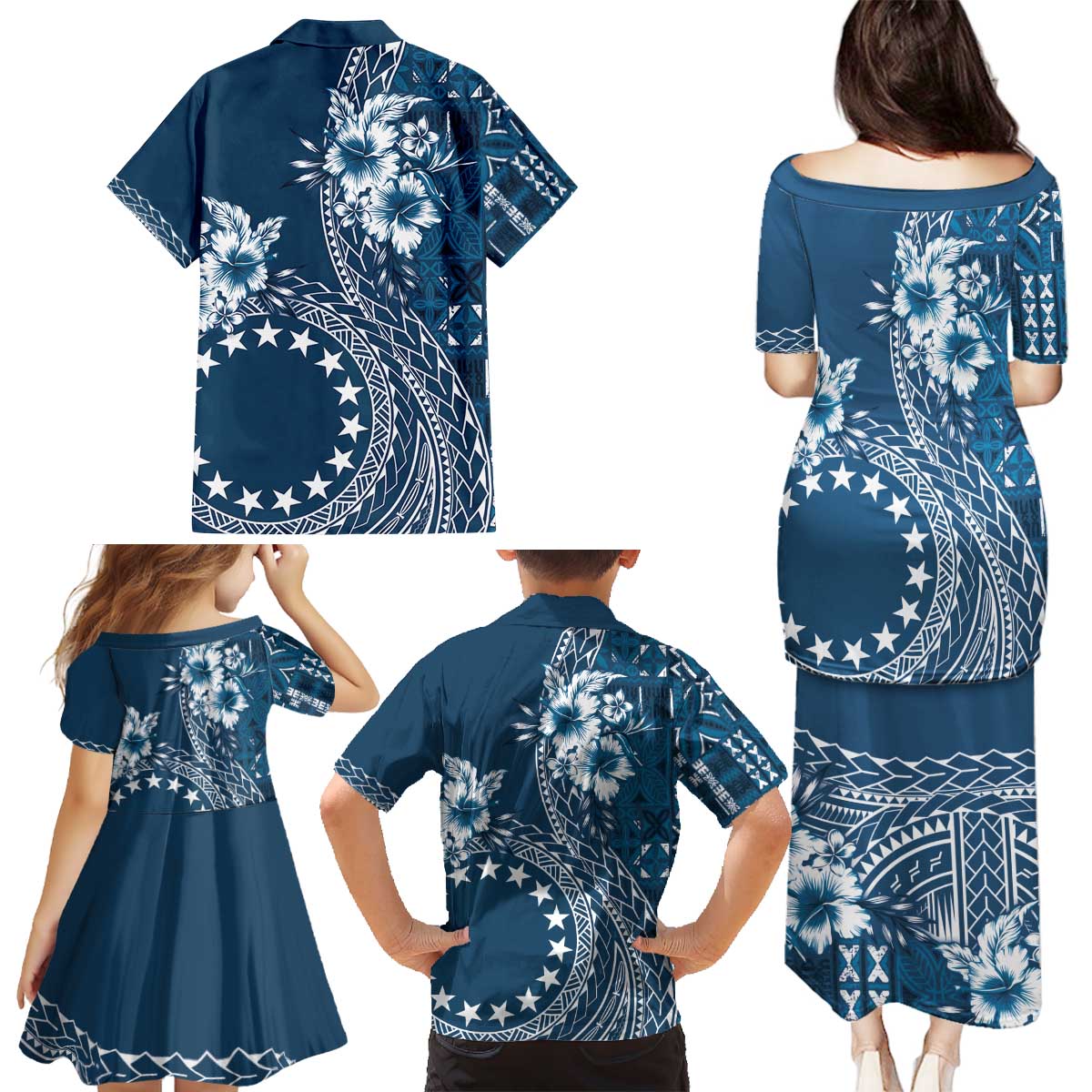 Kia Orana Cook Islands Family Matching Puletasi and Hawaiian Shirt Tiare and Stars - Navy Blue LT7 - Polynesian Pride