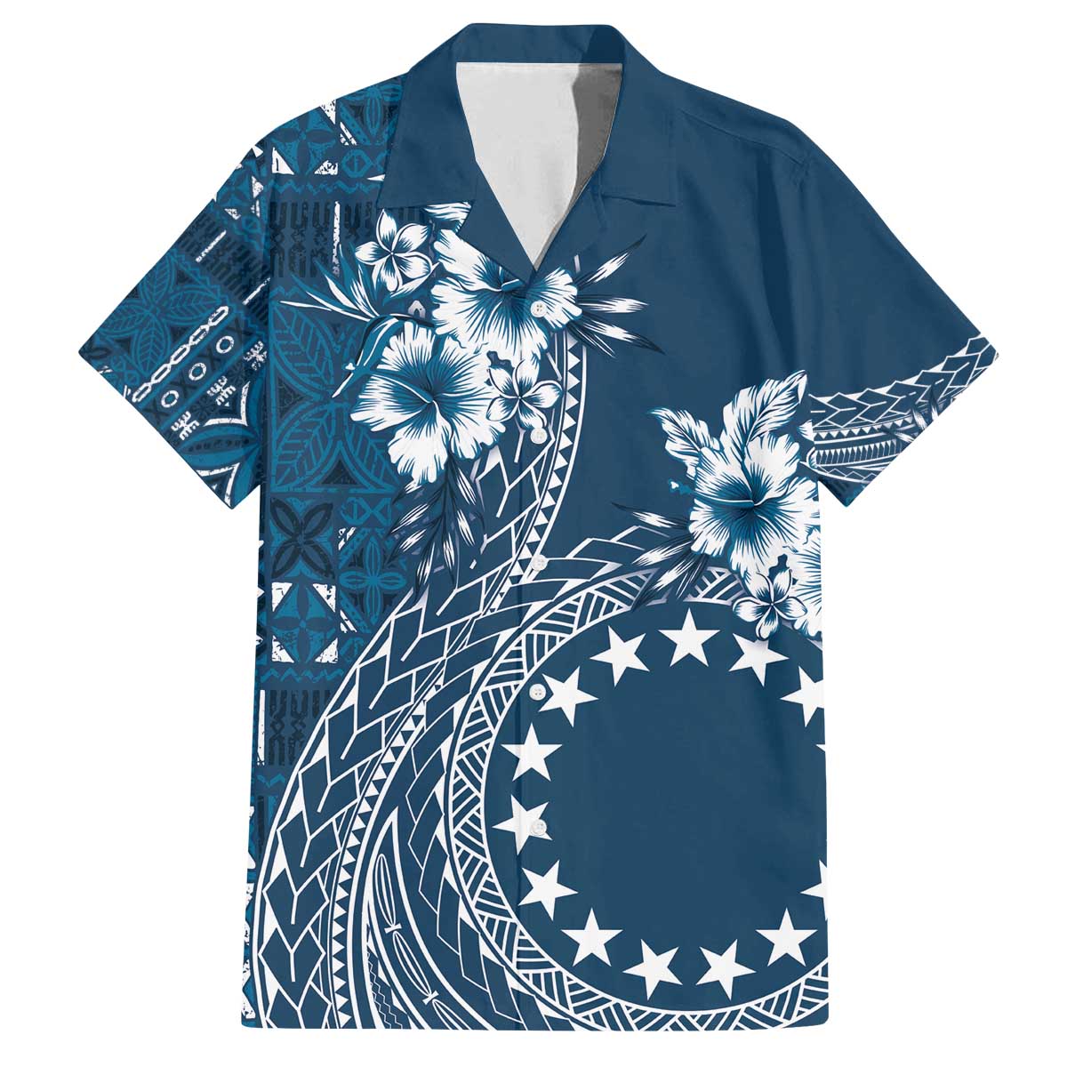 Kia Orana Cook Islands Family Matching Puletasi and Hawaiian Shirt Tiare and Stars - Navy Blue LT7 Dad's Shirt - Short Sleeve Navy Blue - Polynesian Pride