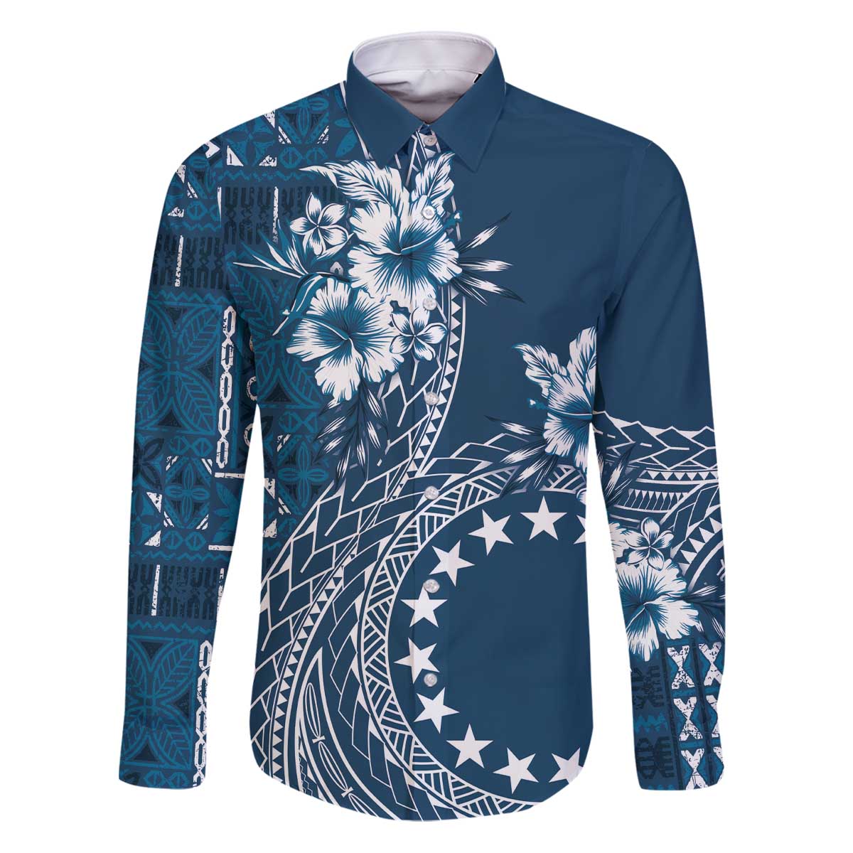 Kia Orana Cook Islands Family Matching Puletasi and Hawaiian Shirt Tiare and Stars - Navy Blue LT7 Dad's Shirt - Long Sleeve Navy Blue - Polynesian Pride