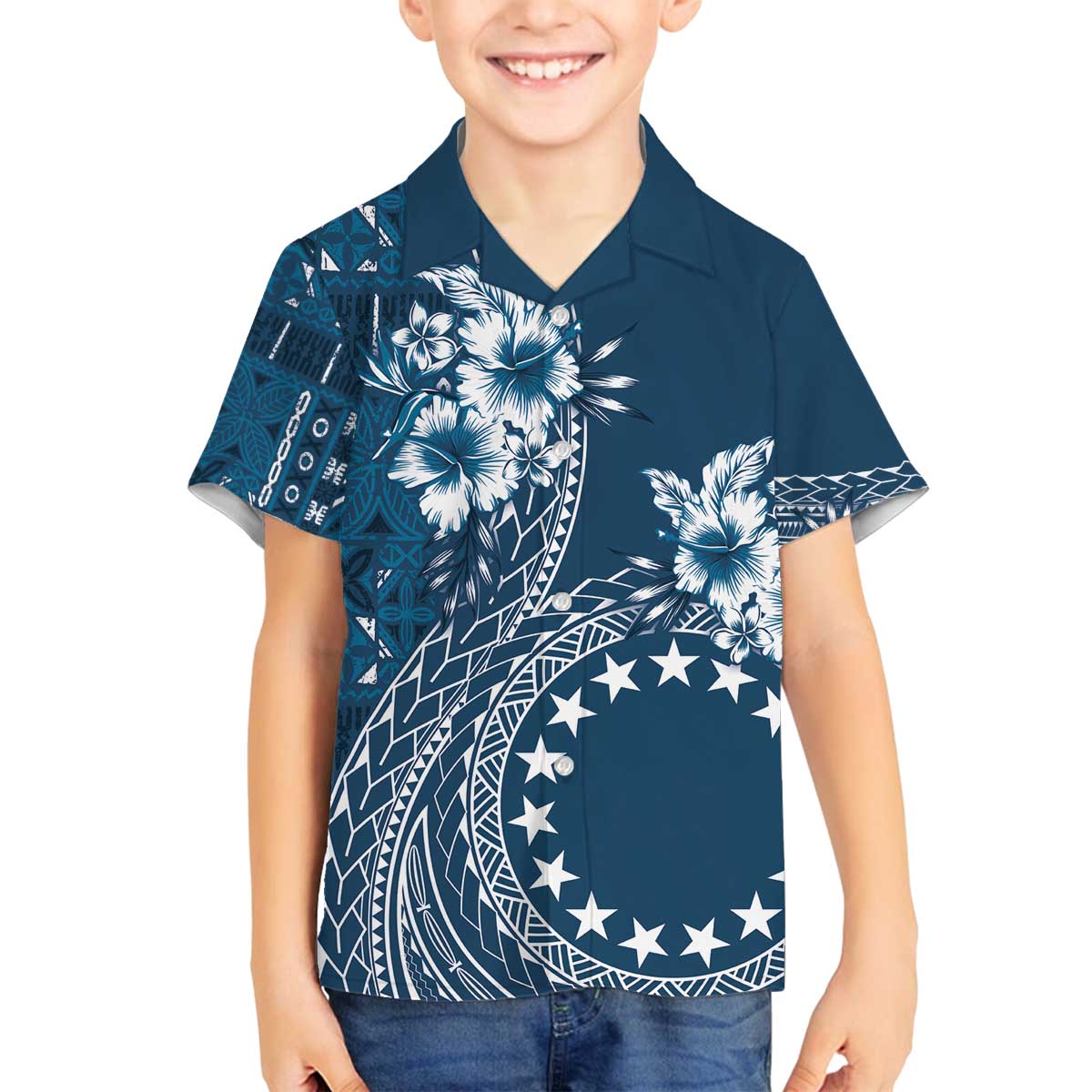 Kia Orana Cook Islands Family Matching Puletasi and Hawaiian Shirt Tiare and Stars - Navy Blue LT7 Son's Shirt Navy Blue - Polynesian Pride