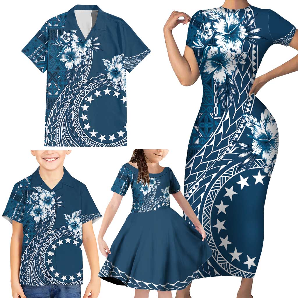 Kia Orana Cook Islands Family Matching Short Sleeve Bodycon Dress and Hawaiian Shirt Tiare and Stars - Navy Blue