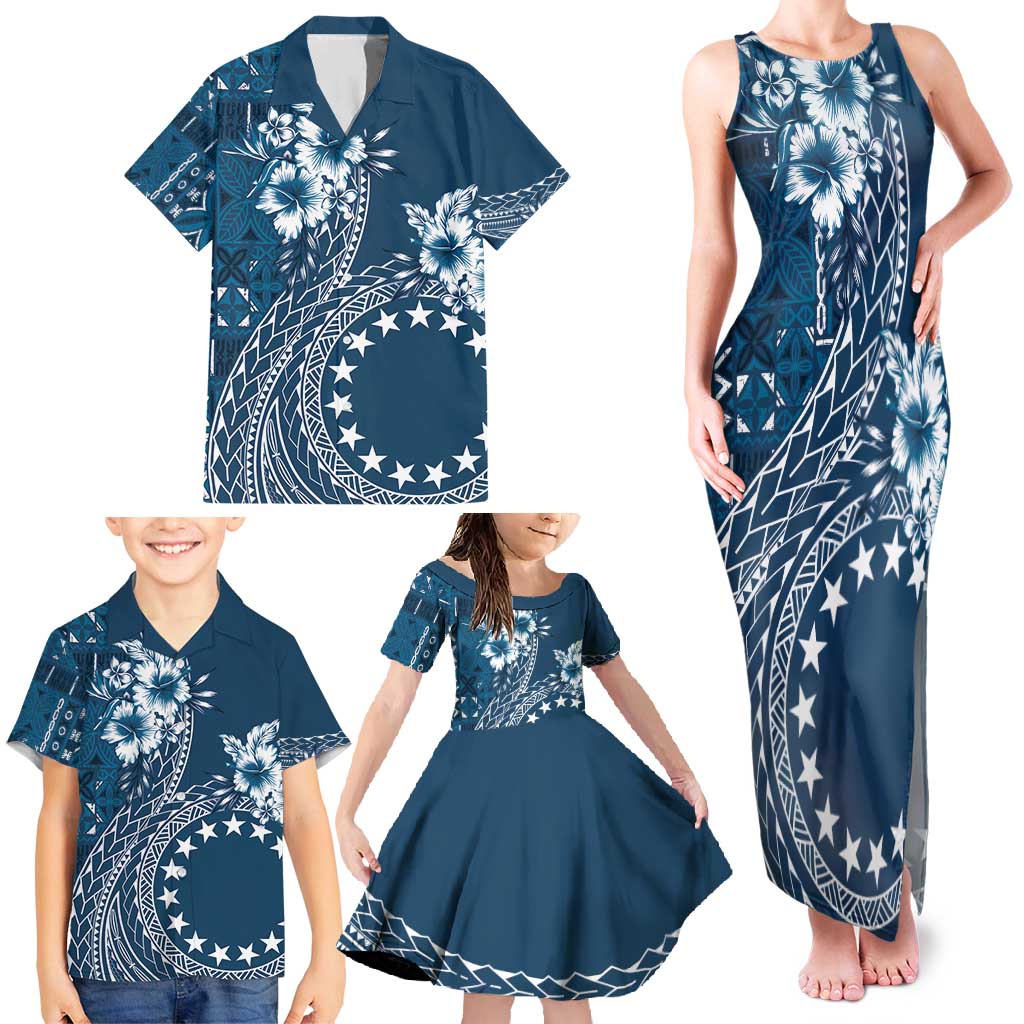 Kia Orana Cook Islands Family Matching Tank Maxi Dress and Hawaiian Shirt Tiare and Stars - Navy Blue