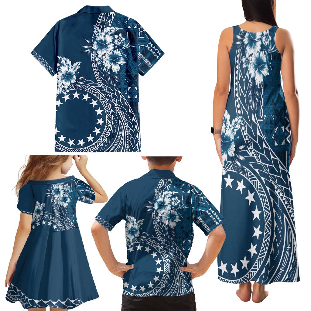 Kia Orana Cook Islands Family Matching Tank Maxi Dress and Hawaiian Shirt Tiare and Stars - Navy Blue