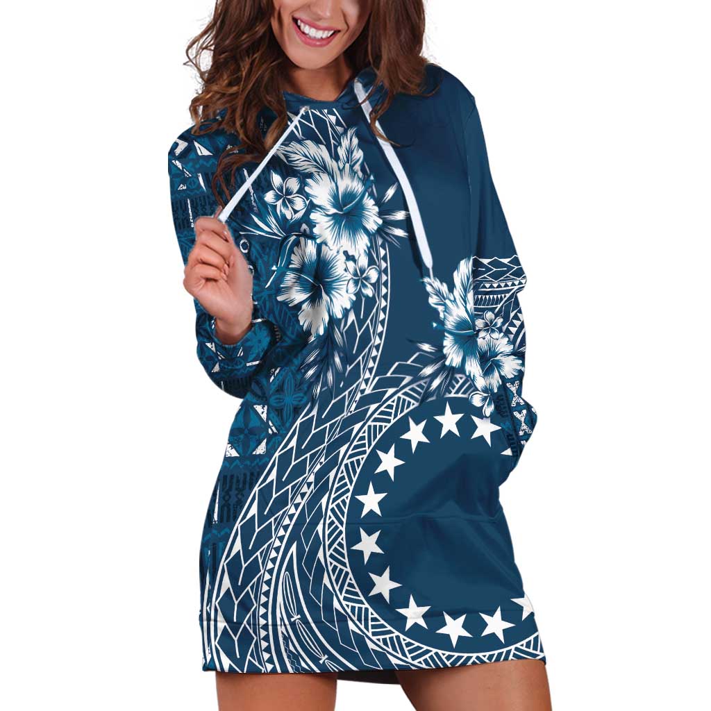 Kia Orana Cook Islands Hoodie Dress Tiare and Stars - Navy Blue