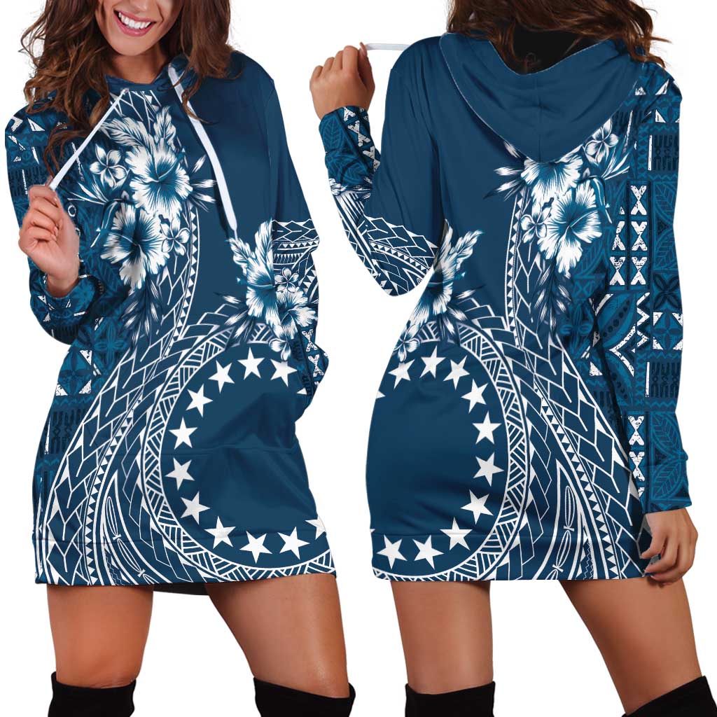 Kia Orana Cook Islands Hoodie Dress Tiare and Stars - Navy Blue
