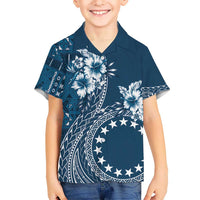 Kia Orana Cook Islands Kid Hawaiian Shirt Tiare and Stars - Navy Blue