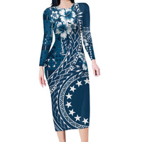 Kia Orana Cook Islands Long Sleeve Bodycon Dress Tiare and Stars - Navy Blue