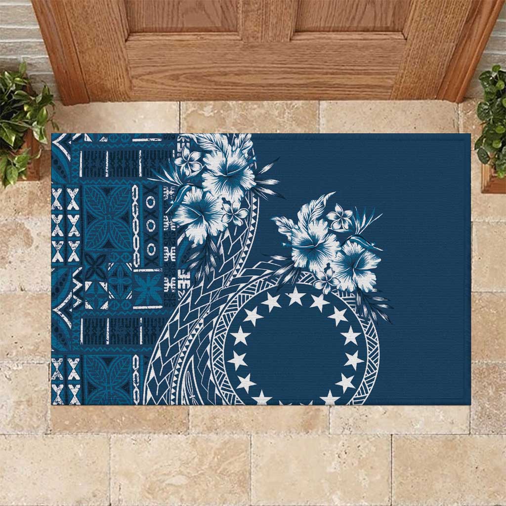 Kia Orana Cook Islands Rubber Doormat Tiare and Stars - Navy Blue