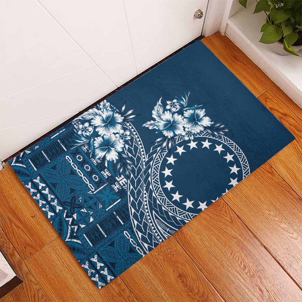 Kia Orana Cook Islands Rubber Doormat Tiare and Stars - Navy Blue