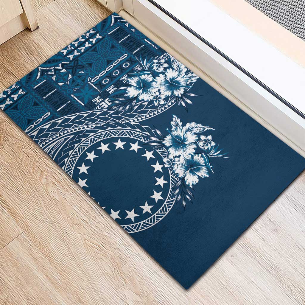 Kia Orana Cook Islands Rubber Doormat Tiare and Stars - Navy Blue