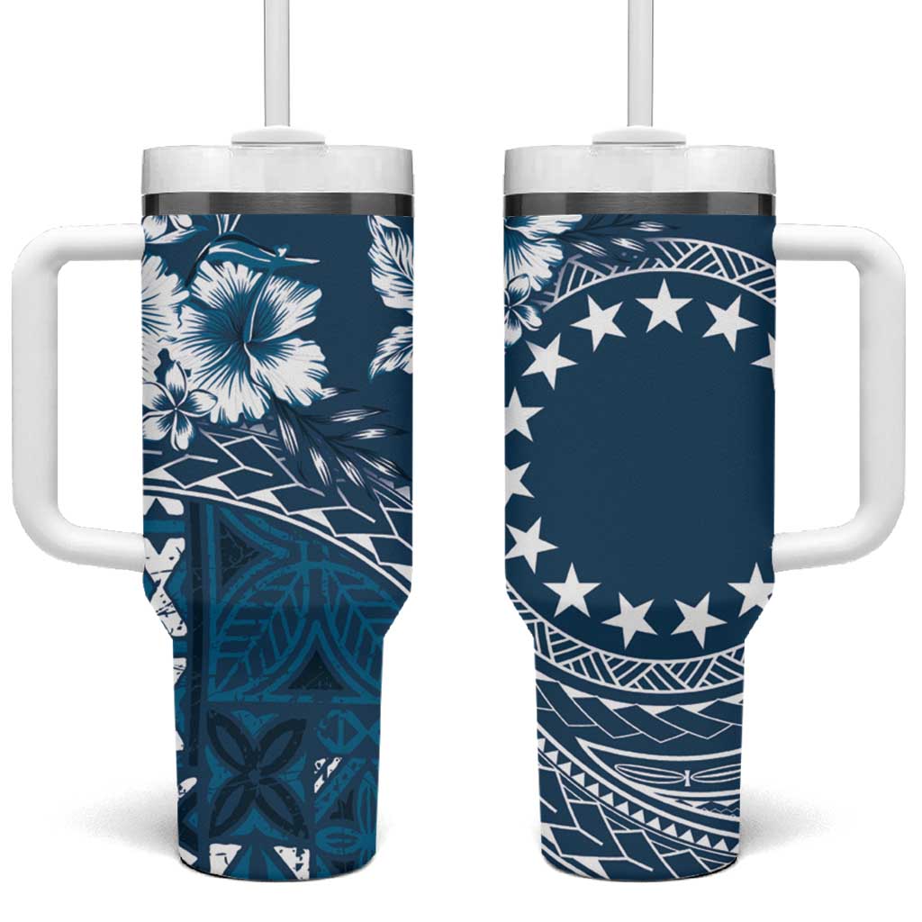 Kia Orana Cook Islands Tumbler With Handle Tiare & Stars - Navy Blue