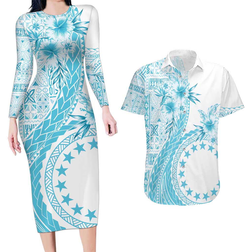 Kia Orana Cook Islands Couples Matching Long Sleeve Bodycon Dress and Hawaiian Shirt Tiare and Stars - Turquoise