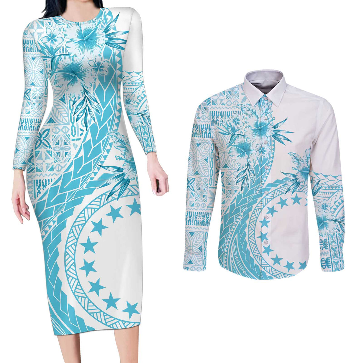 Kia Orana Cook Islands Couples Matching Long Sleeve Bodycon Dress and Long Sleeve Button Shirt Tiare and Stars - Turquoise