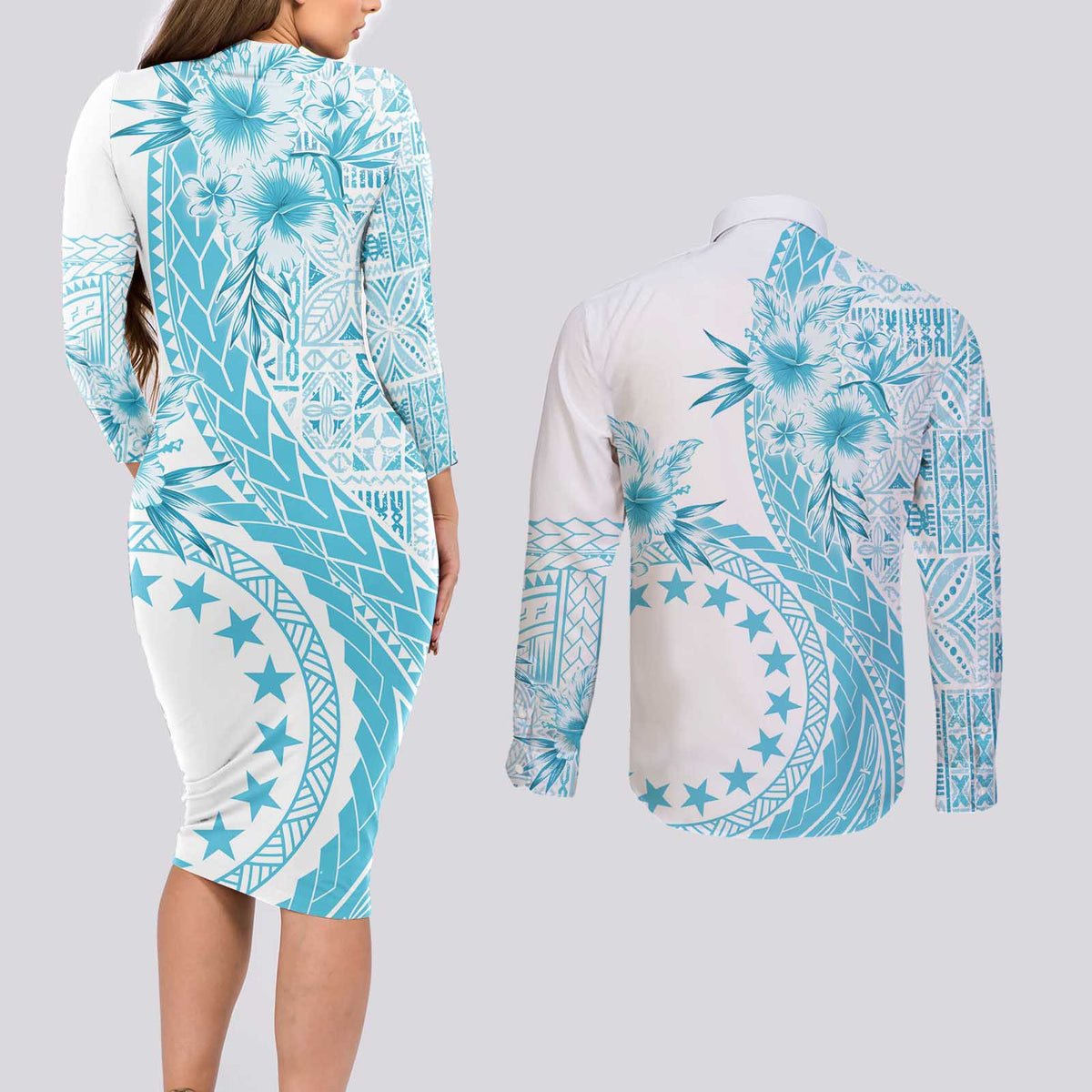 Kia Orana Cook Islands Couples Matching Long Sleeve Bodycon Dress and Long Sleeve Button Shirt Tiare and Stars - Turquoise