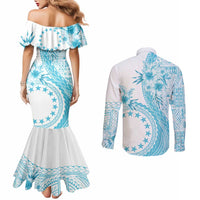 Kia Orana Cook Islands Couples Matching Mermaid Dress and Long Sleeve Button Shirt Tiare and Stars - Turquoise