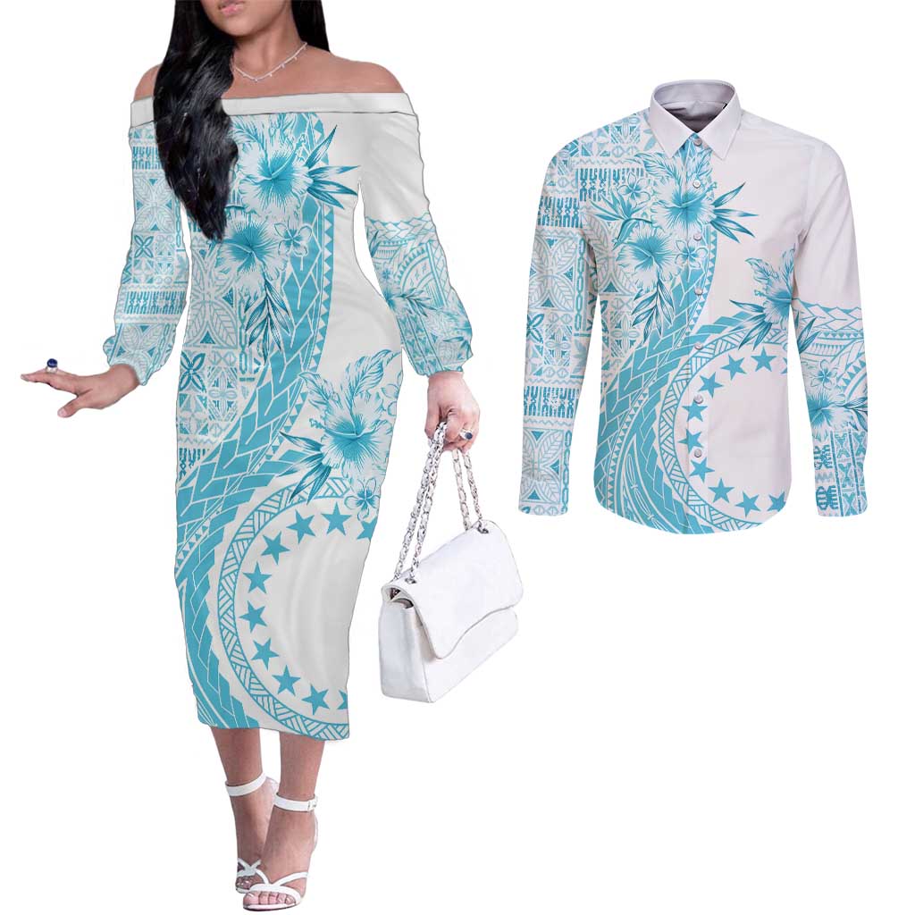 Kia Orana Cook Islands Couples Matching Off The Shoulder Long Sleeve Dress and Long Sleeve Button Shirt Tiare and Stars - Turquoise