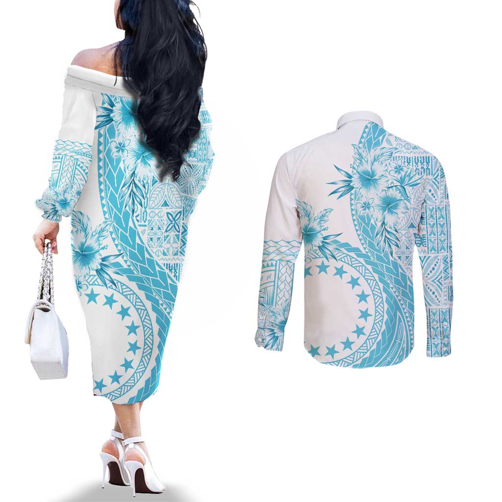 Kia Orana Cook Islands Couples Matching Off The Shoulder Long Sleeve Dress and Long Sleeve Button Shirt Tiare and Stars - Turquoise