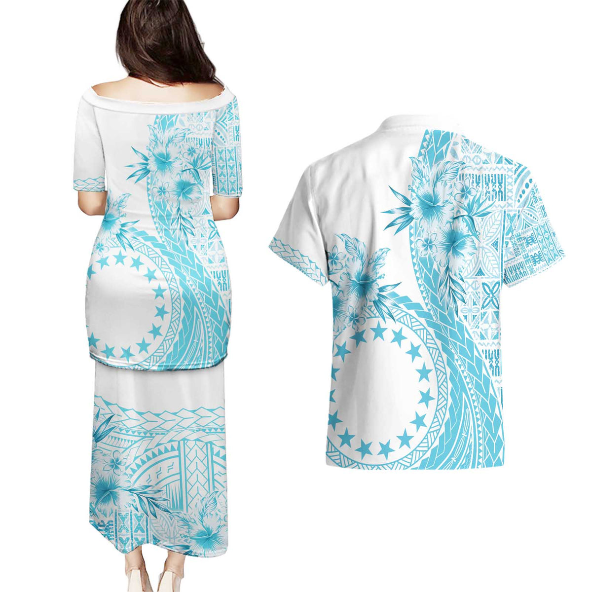 Kia Orana Cook Islands Couples Matching Puletasi and Hawaiian Shirt Tiare and Stars - Turquoise
