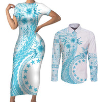 Kia Orana Cook Islands Couples Matching Short Sleeve Bodycon Dress and Long Sleeve Button Shirt Tiare and Stars - Turquoise