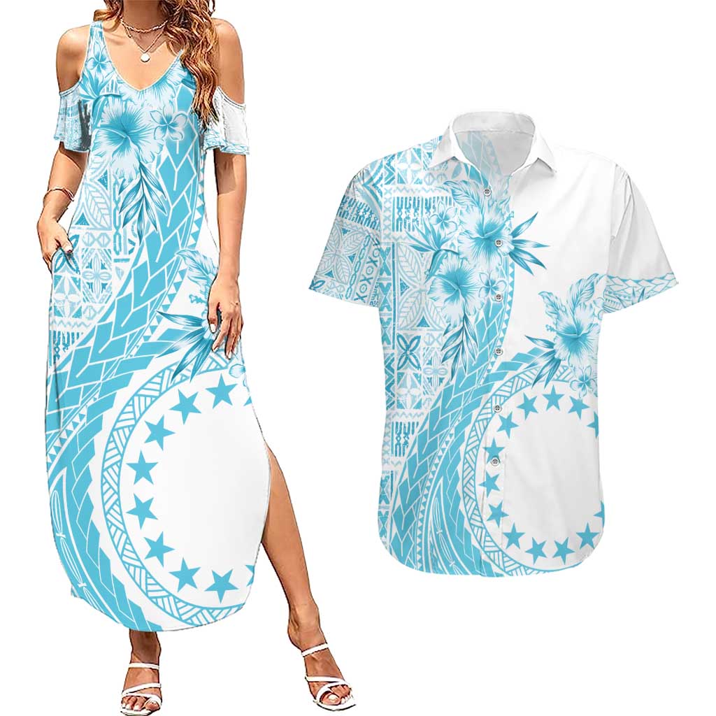 Kia Orana Cook Islands Couples Matching Summer Maxi Dress and Hawaiian Shirt Tiare and Stars - Turquoise