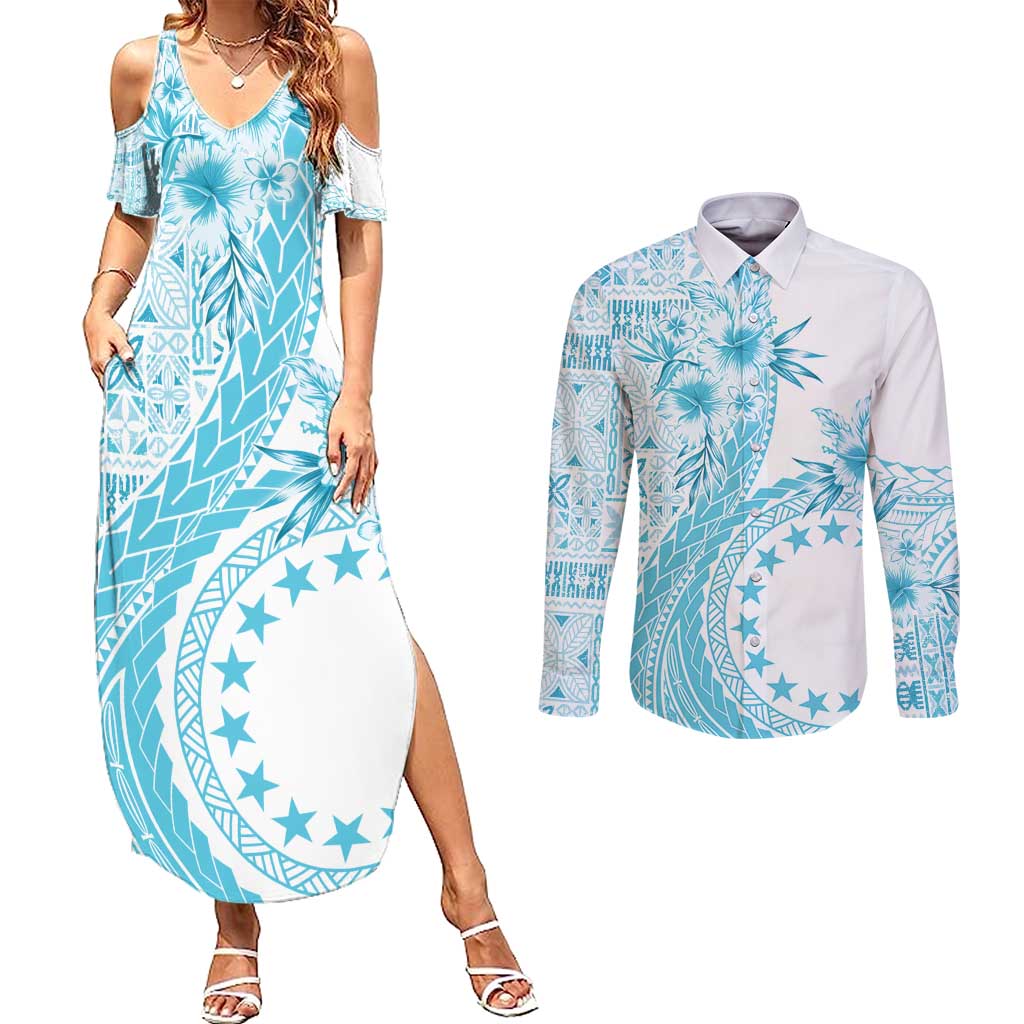 Kia Orana Cook Islands Couples Matching Summer Maxi Dress and Long Sleeve Button Shirt Tiare and Stars - Turquoise