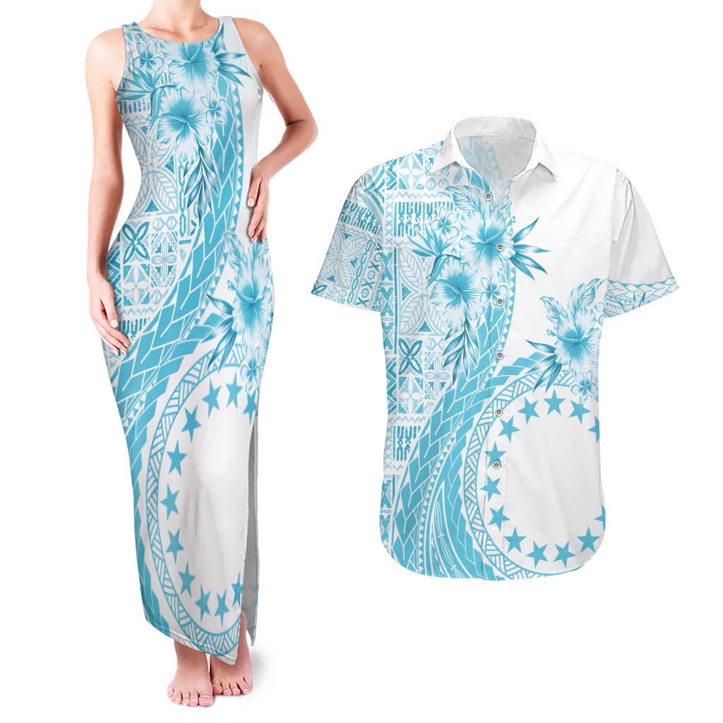 Kia Orana Cook Islands Couples Matching Tank Maxi Dress and Hawaiian Shirt Tiare and Stars - Turquoise