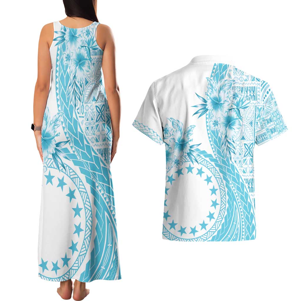 Kia Orana Cook Islands Couples Matching Tank Maxi Dress and Hawaiian Shirt Tiare and Stars - Turquoise