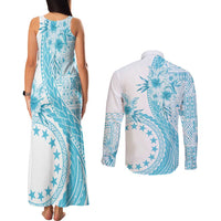 Kia Orana Cook Islands Couples Matching Tank Maxi Dress and Long Sleeve Button Shirt Tiare and Stars - Turquoise