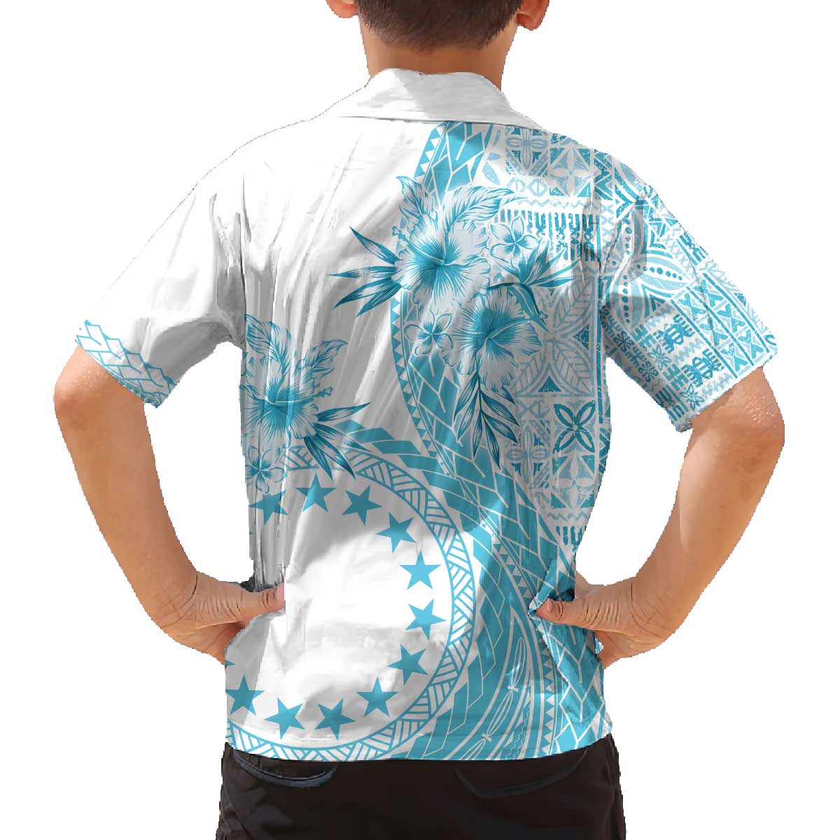 Kia Orana Cook Islands Family Matching Puletasi and Hawaiian Shirt Tiare and Stars - Turquoise LT7 - Polynesian Pride