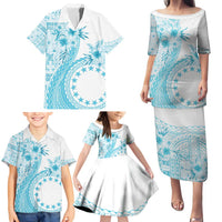 Kia Orana Cook Islands Family Matching Puletasi and Hawaiian Shirt Tiare and Stars - Turquoise LT7 - Polynesian Pride