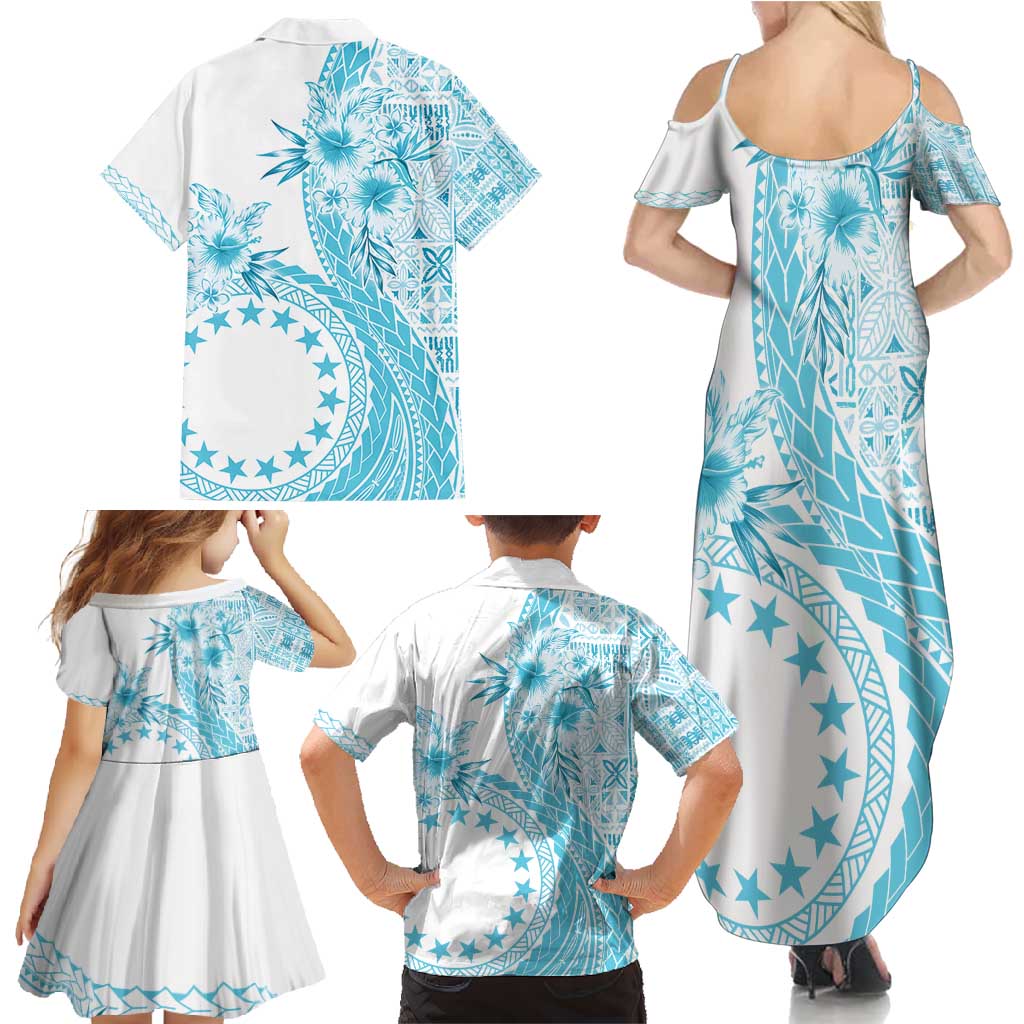Kia Orana Cook Islands Family Matching Summer Maxi Dress and Hawaiian Shirt Tiare and Stars - Turquoise