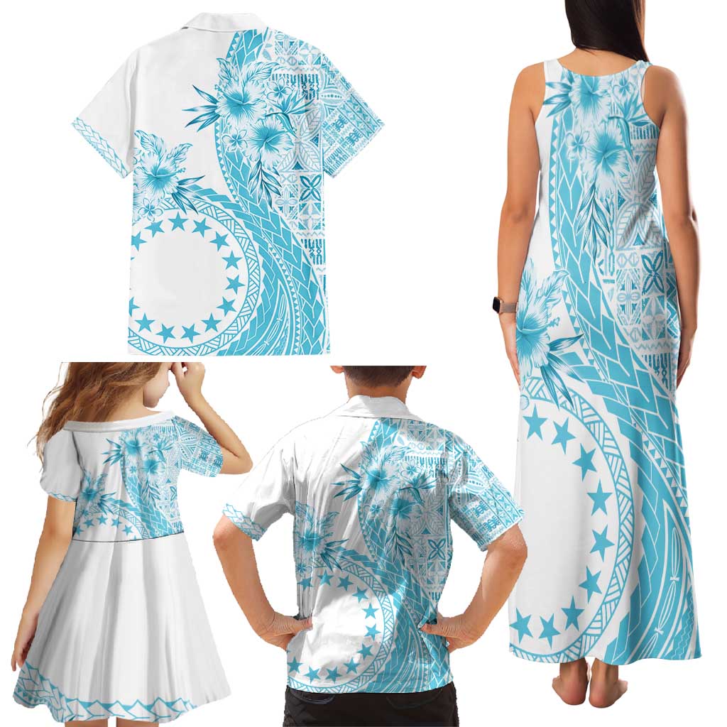 Kia Orana Cook Islands Family Matching Tank Maxi Dress and Hawaiian Shirt Tiare and Stars - Turquoise