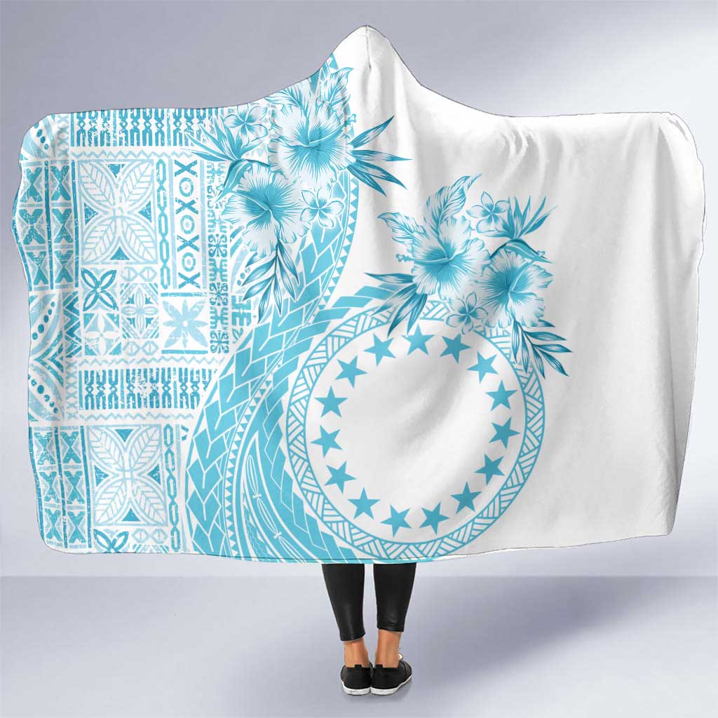 Kia Orana Cook Islands Hooded Blanket Tiare and Stars - Turquoise