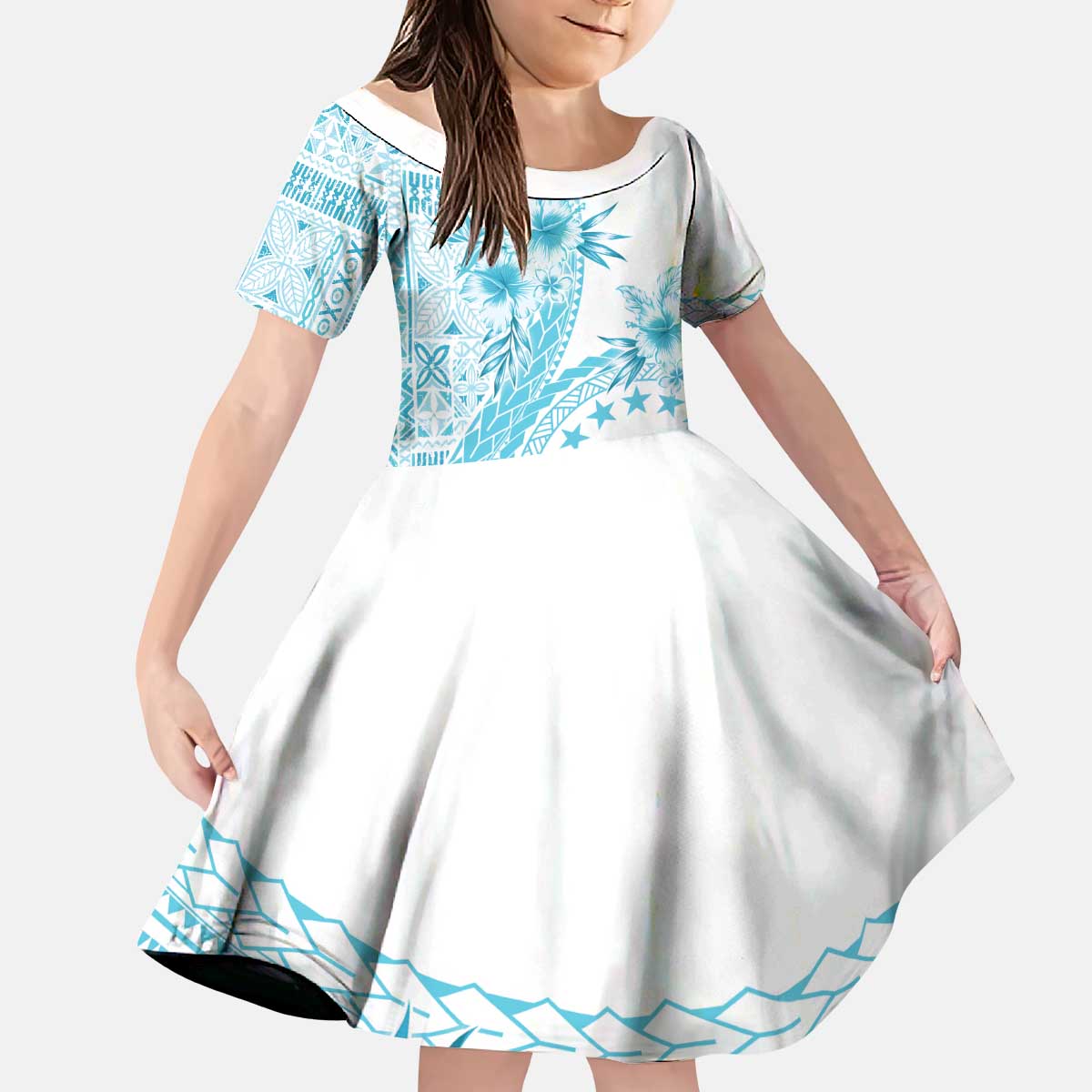 Kia Orana Cook Islands Kid Short Sleeve Dress Tiare and Stars - Turquoise