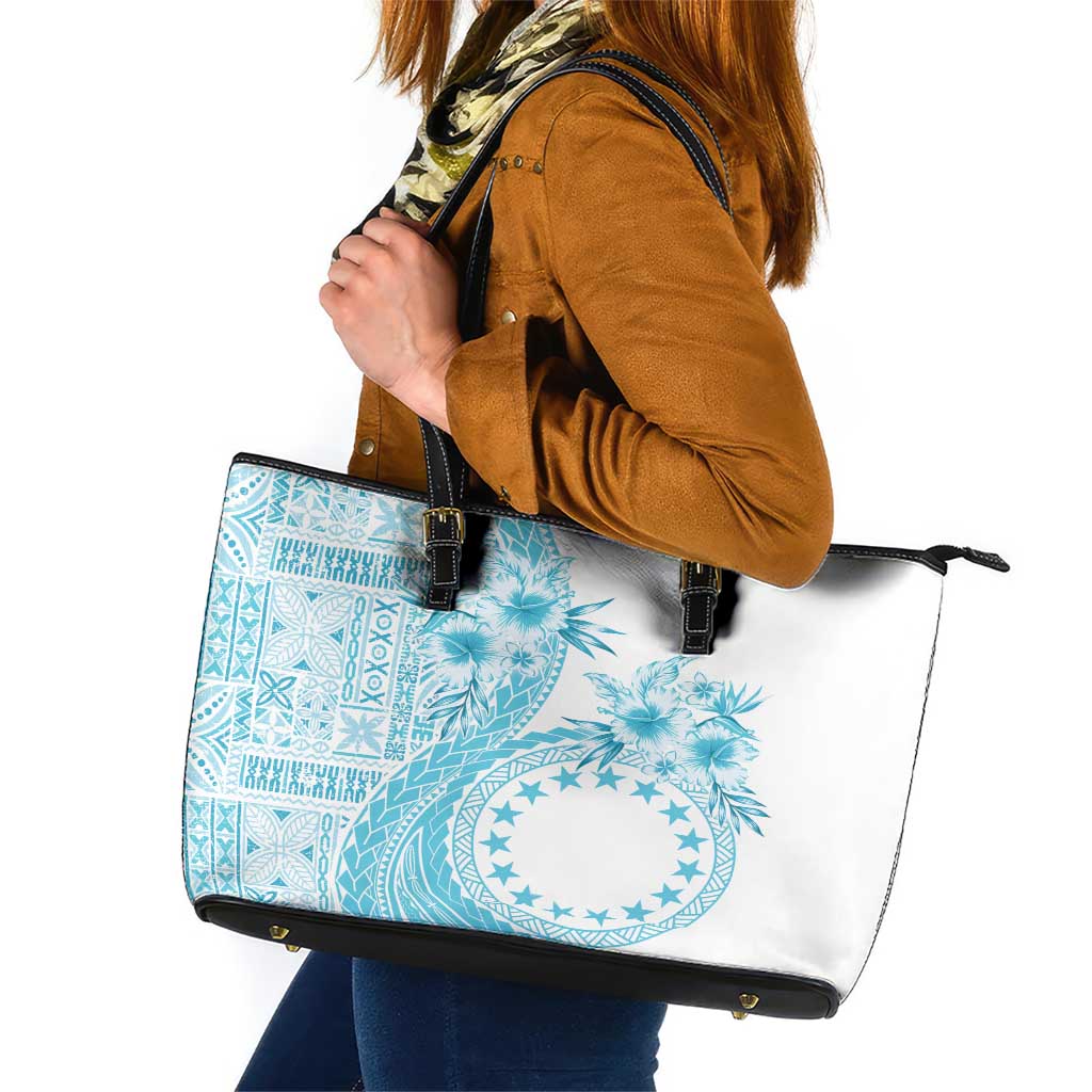 Kia Orana Cook Islands Leather Tote Bag Tiare and Stars - Turquoise