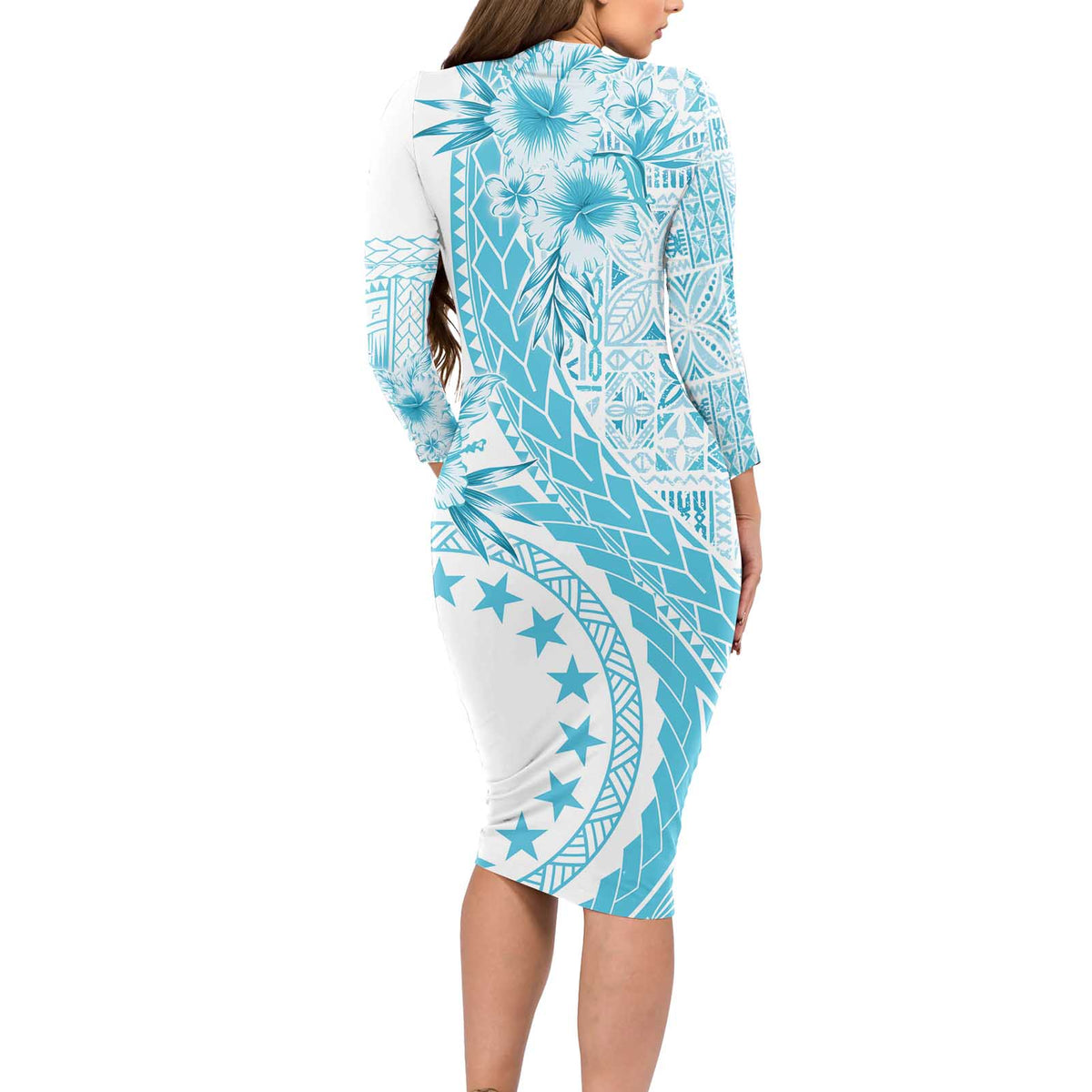 Kia Orana Cook Islands Long Sleeve Bodycon Dress Tiare and Stars - Turquoise