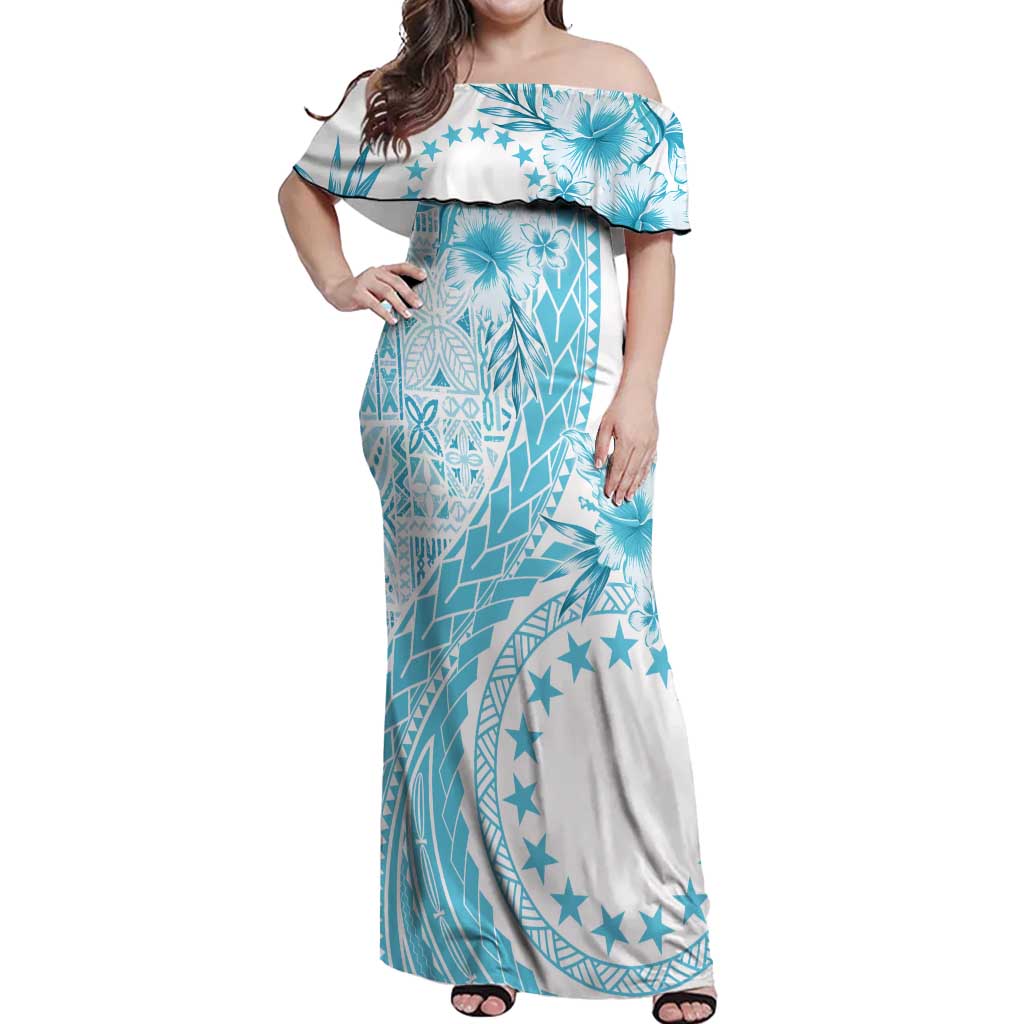Kia Orana Cook Islands Off Shoulder Maxi Dress Tiare and Stars - Turquoise LT7 Women Turquoise - Polynesian Pride
