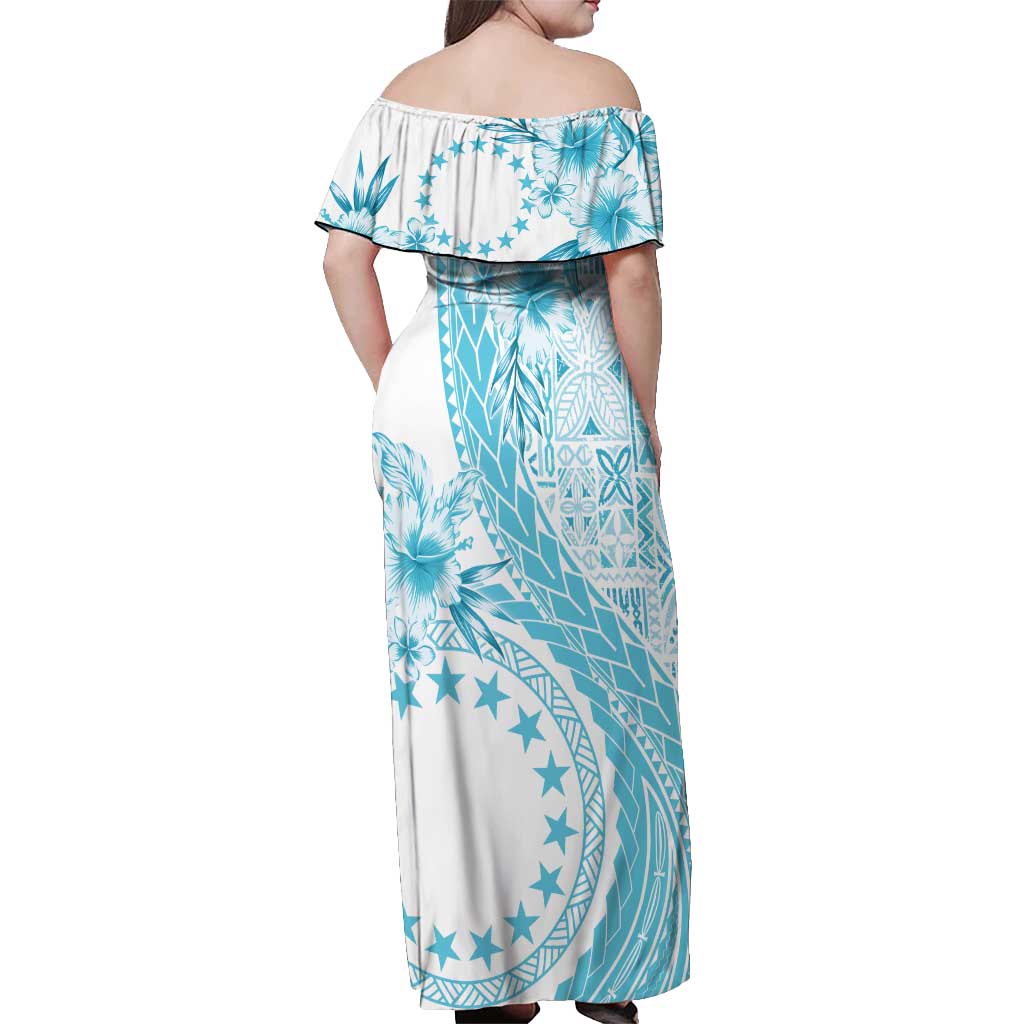 Kia Orana Cook Islands Off Shoulder Maxi Dress Tiare and Stars - Turquoise LT7 - Polynesian Pride
