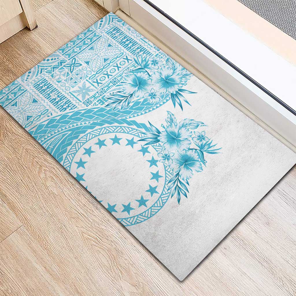 Kia Orana Cook Islands Rubber Doormat Tiare and Stars - Turquoise